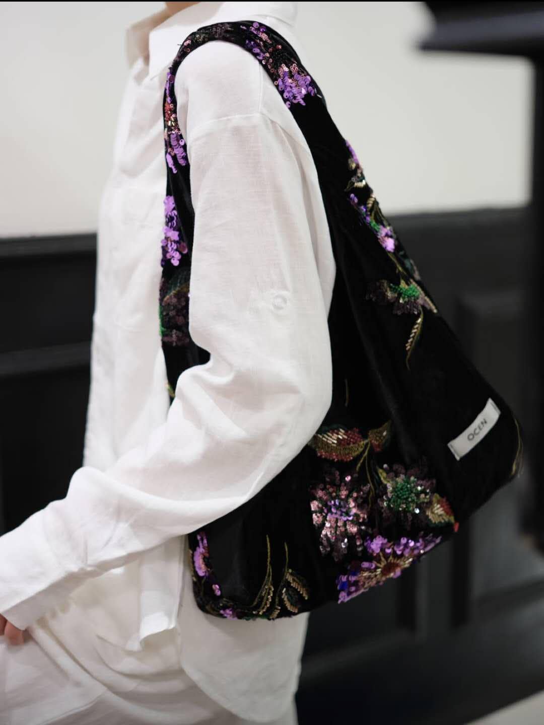 【009】Velvet Sequin Floral Hobo Bag – Oriental Inspired Shoulder Purse
