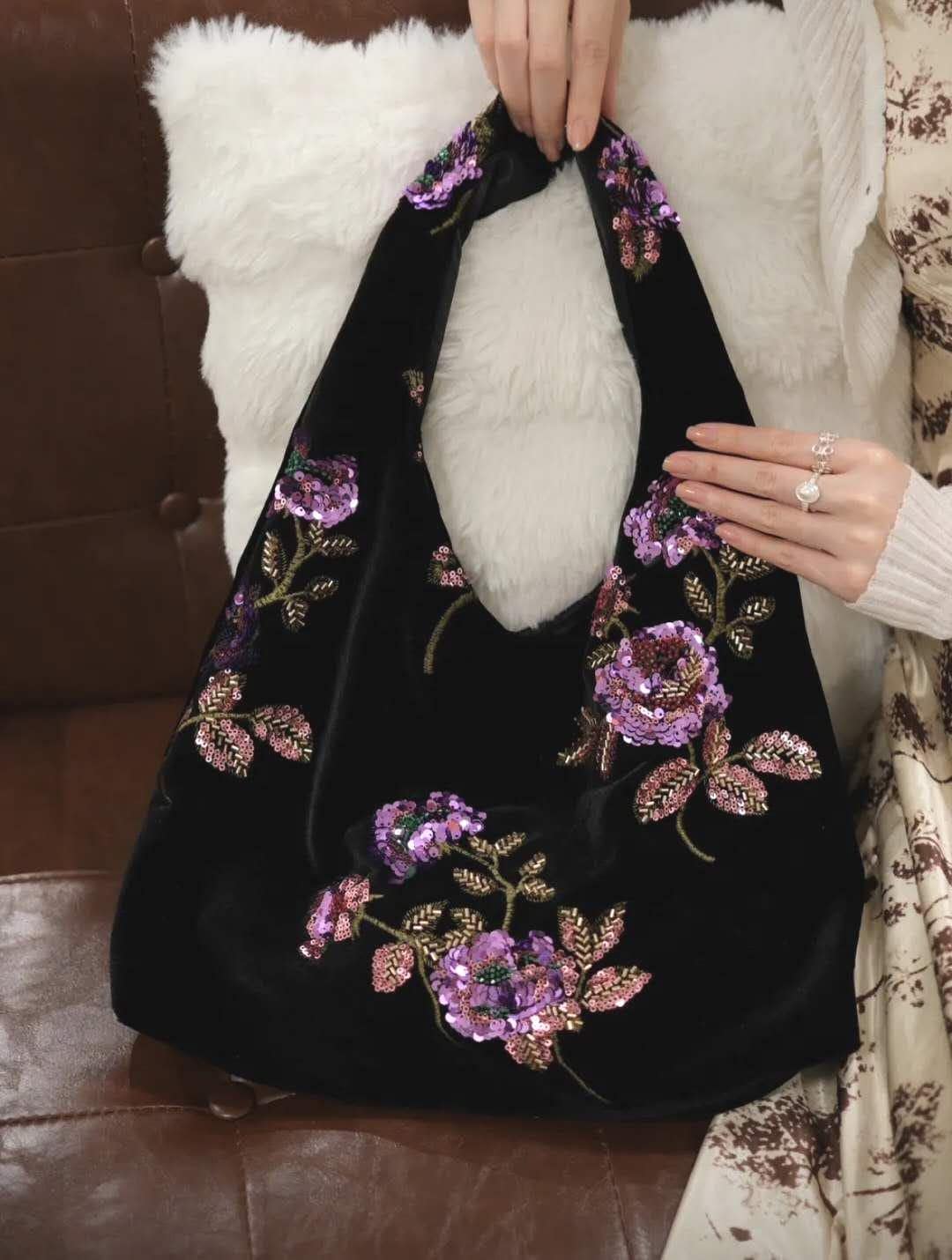 【010】Purple Rose Velvet Sequin Hobo Bag – Oriental Inspired Shoulder Purse