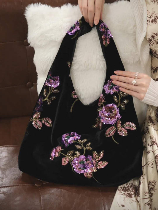 【010】Purple Rose Velvet Sequin Hobo Bag – Oriental Inspired Shoulder Purse