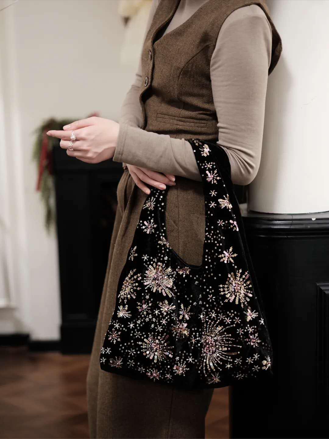 【012】Firework Velvet Beaded Hobo Bag – Shoulder Bag