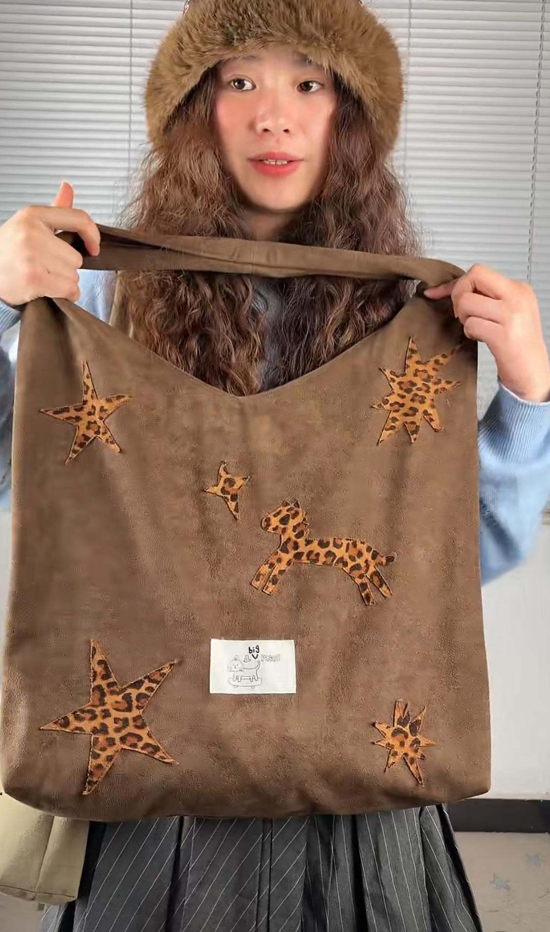 【038】Suede Hobo Bag - Leopard Star Pony Patchwork Shoulder Tote