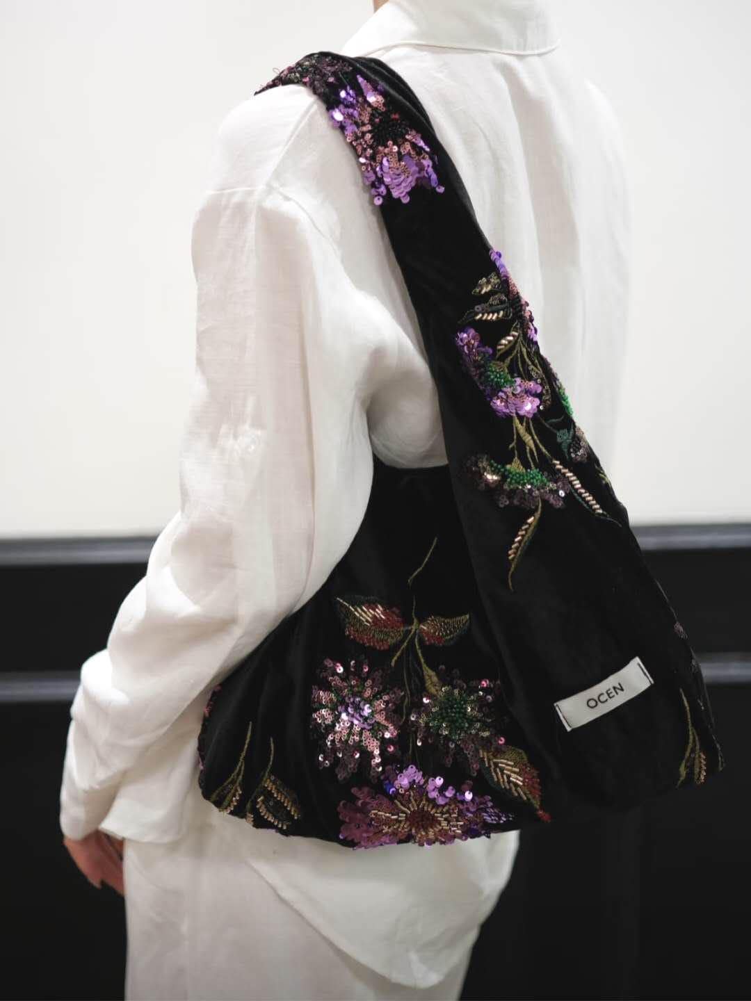 【009】Velvet Sequin Floral Hobo Bag – Oriental Inspired Shoulder Purse