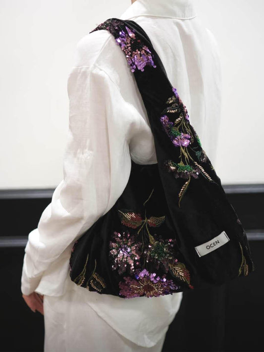 【009】Velvet Sequin Floral Hobo Bag – Oriental Inspired Shoulder Purse