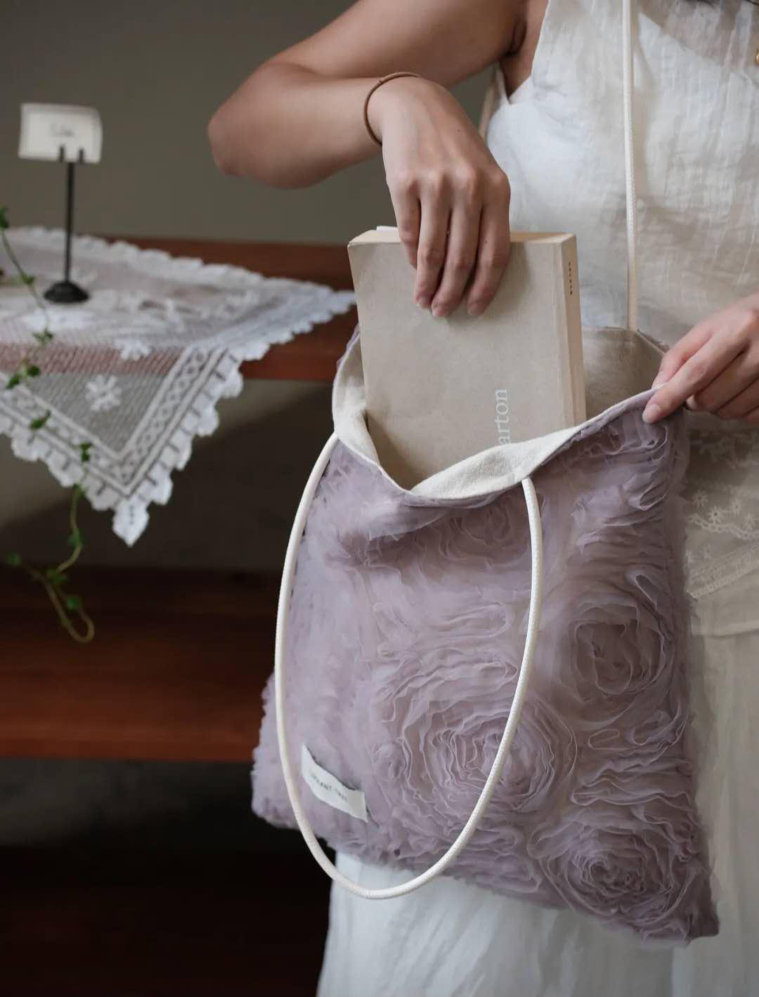 【045】Mauve Rose Tulle Shoulder Bag – Romantic Grey Purple Tote