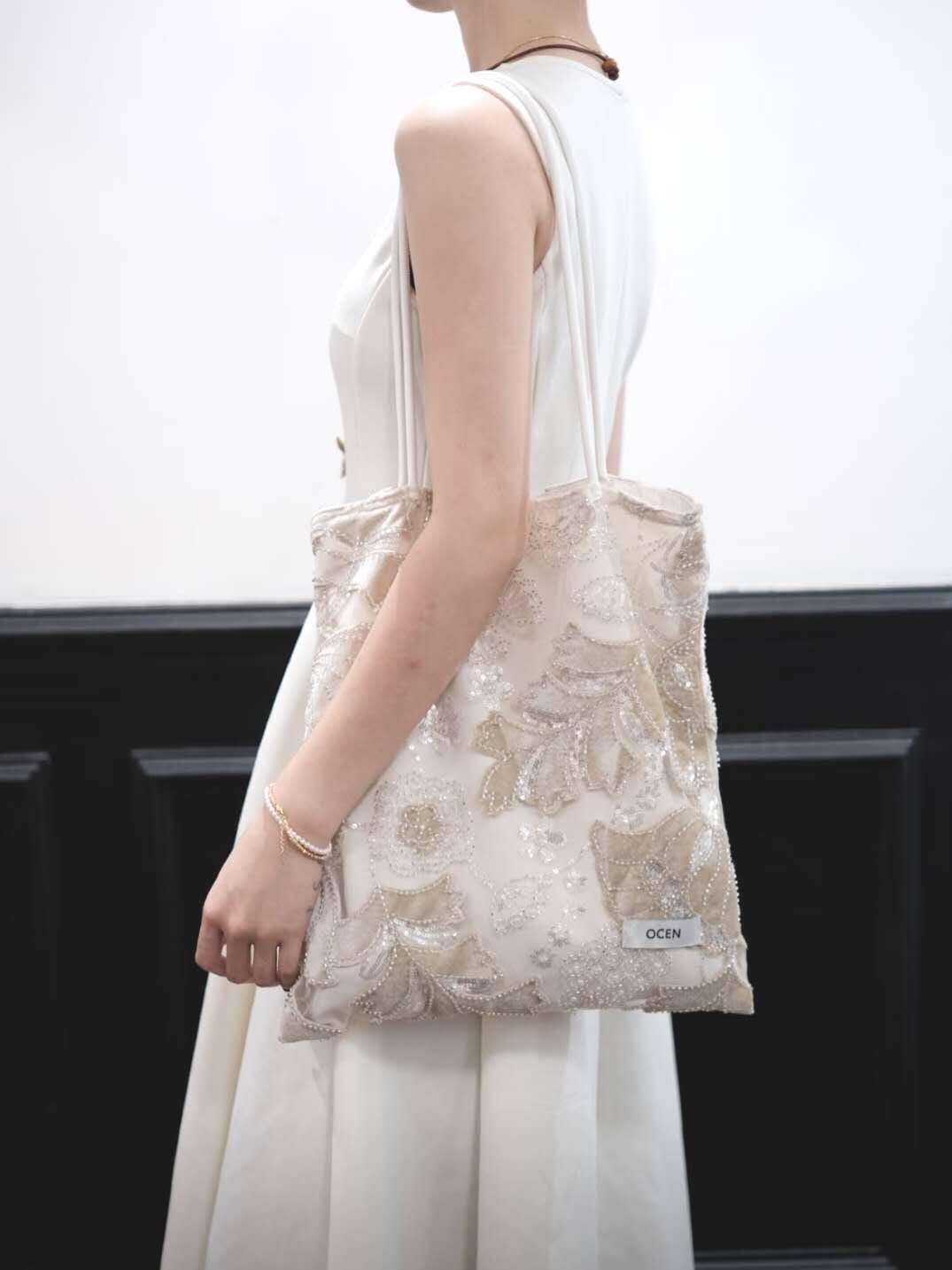 【039】Velvet Beaded Petal Tote Bag – Handmade Embroidered Shoulder Bag