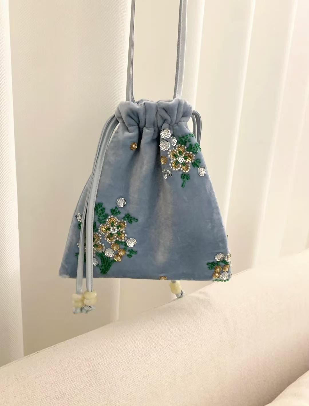 Powder Blue Velvet Crossbody Bag – 20×19 cm Floral Beaded Sequin Embroidery | Dusty Rose