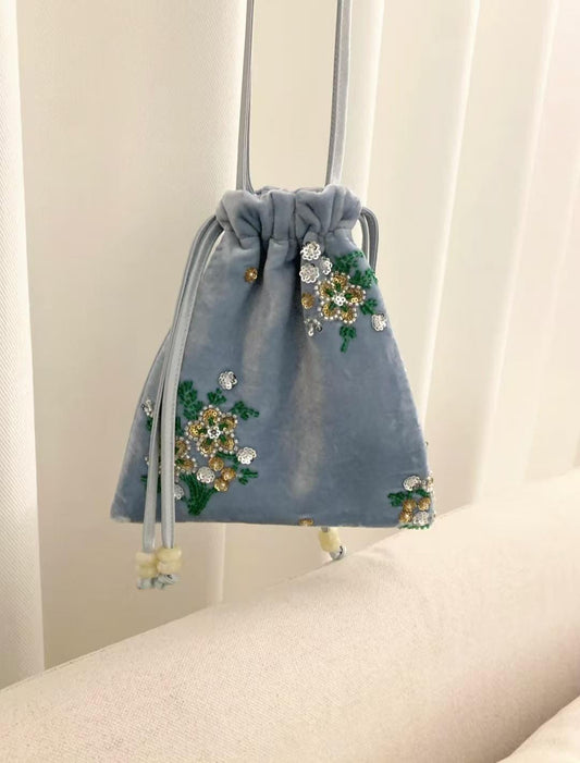 Powder Blue Velvet Crossbody Bag – 20×19 cm Floral Beaded Sequin Embroidery | Dusty Rose