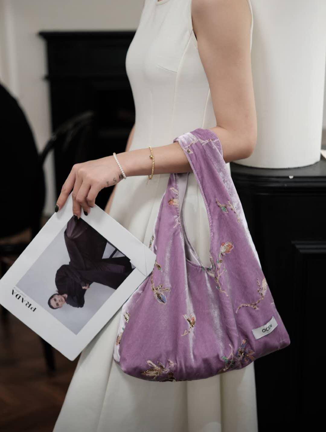 【034】Lavander purple Velvet Sequin Floral Hobo Bag – Oriental Inspired Shoulder Purse