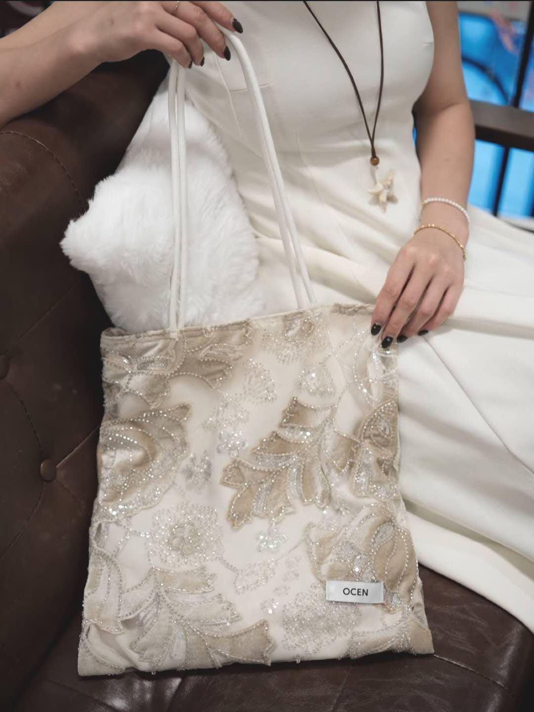 【039】Velvet Beaded Petal Tote Bag – Handmade Embroidered Shoulder Bag