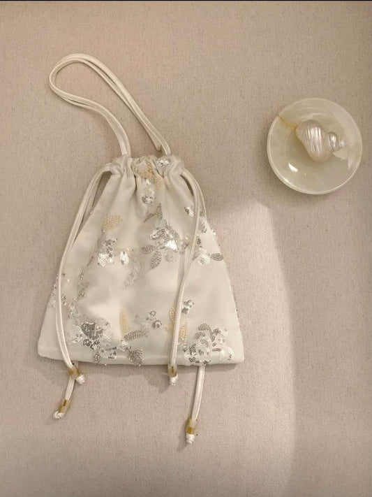【031】Cloud Beaded Organza Drawstring Handbag – Fairy Mini Top Handle Bag Sequin Beaded Bag - Spring Summer Gift