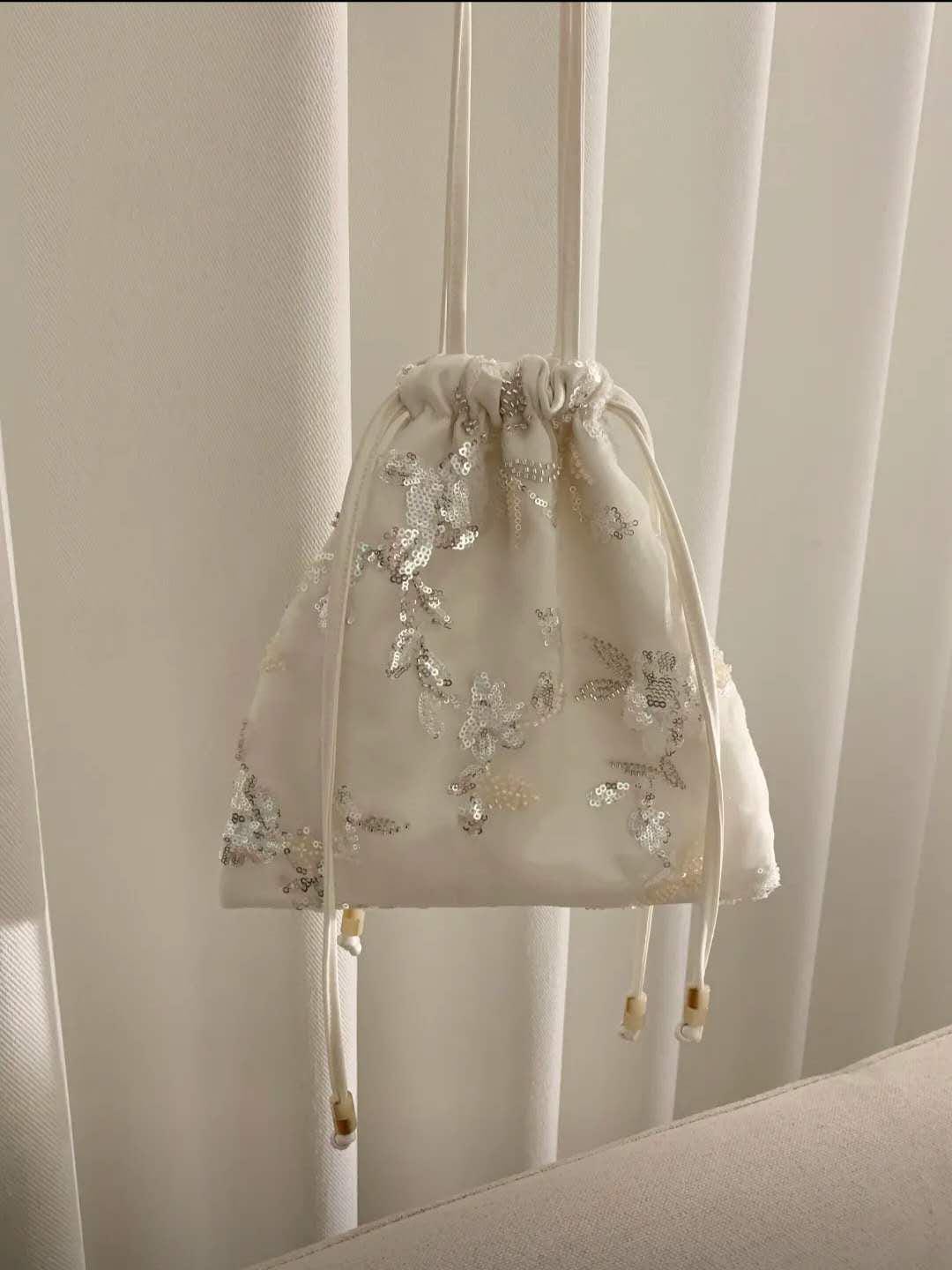 【031】Cloud Beaded Organza Drawstring Handbag – Fairy Mini Top Handle Bag Sequin Beaded Bag - Spring Summer Gift