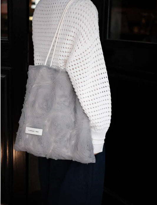 【046】Grey Rose Tulle Shoulder Bag – Romantic Grey Rose Tote