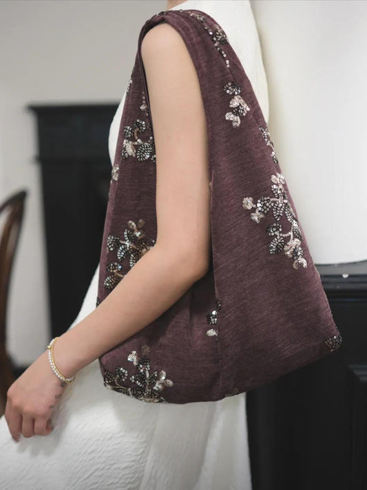 【014】Handmade Angora Red Sequin Hobo Bag - Chenille Shoulder Tote