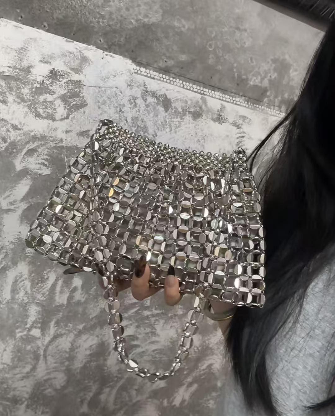 Handmade Silver Beaded Shoulder Bag – 26 × 16.5 cm Elegant Summer Purse | Dusty Rose