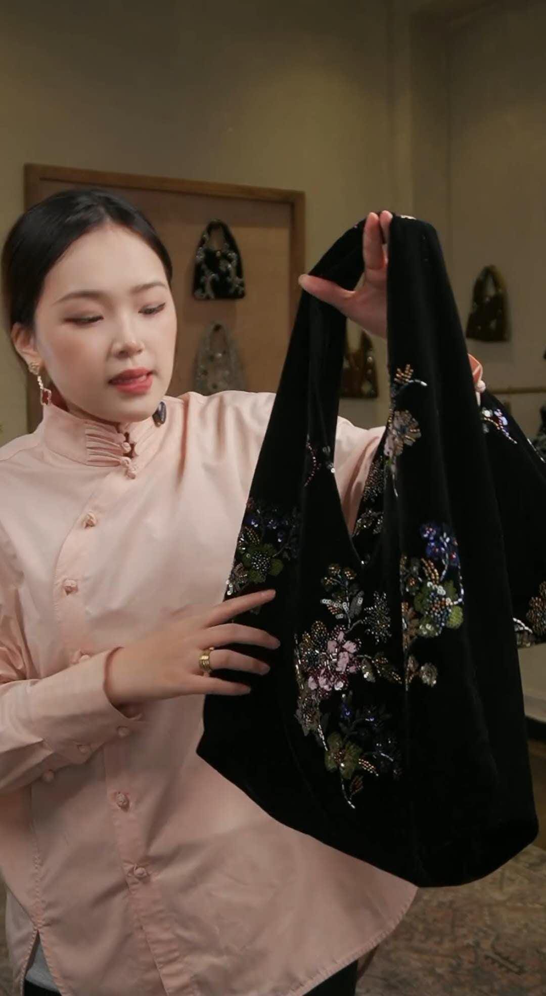 【013】Vintage Velvet Beaded Floral Shoulder Bag - Oriental Sequin Evening Bag