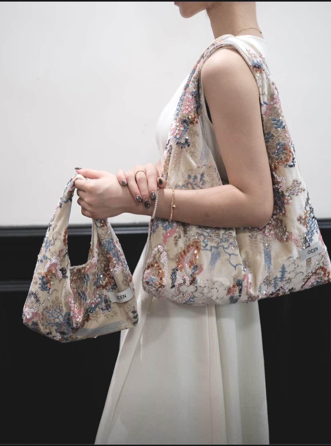 【033】Beige Velvet Sequin Hobo Bag – Large Floral Beaded Tote