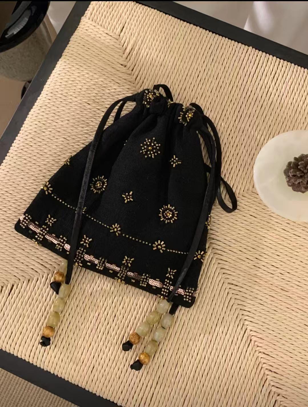 Geometric Beaded Drawstring Bag – Handcrafted Linen Purse with Embroidery | Rusty Rose