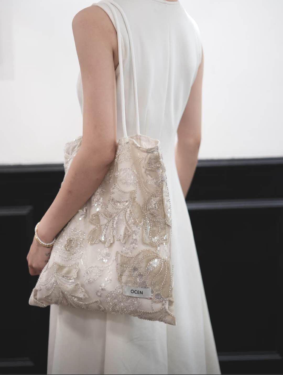 【039】Velvet Beaded Petal Tote Bag – Handmade Embroidered Shoulder Bag