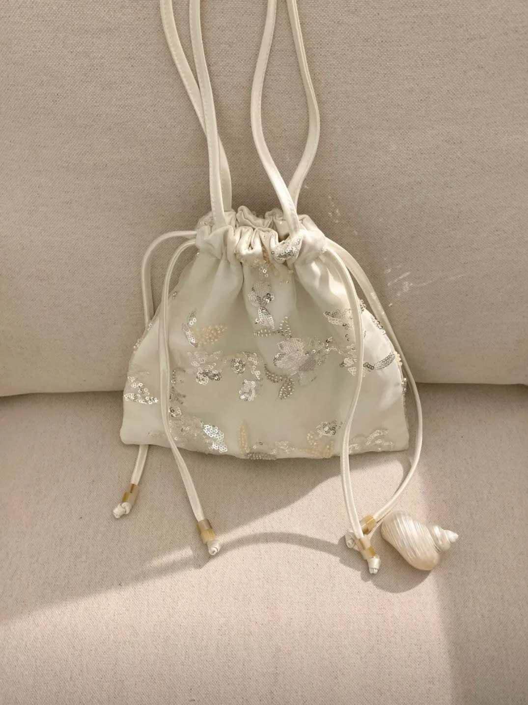 【031】Cloud Beaded Organza Drawstring Handbag – Fairy Mini Top Handle Bag Sequin Beaded Bag - Spring Summer Gift