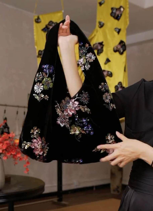 【013】Vintage Velvet Beaded Floral Shoulder Bag - Oriental Sequin Evening Bag