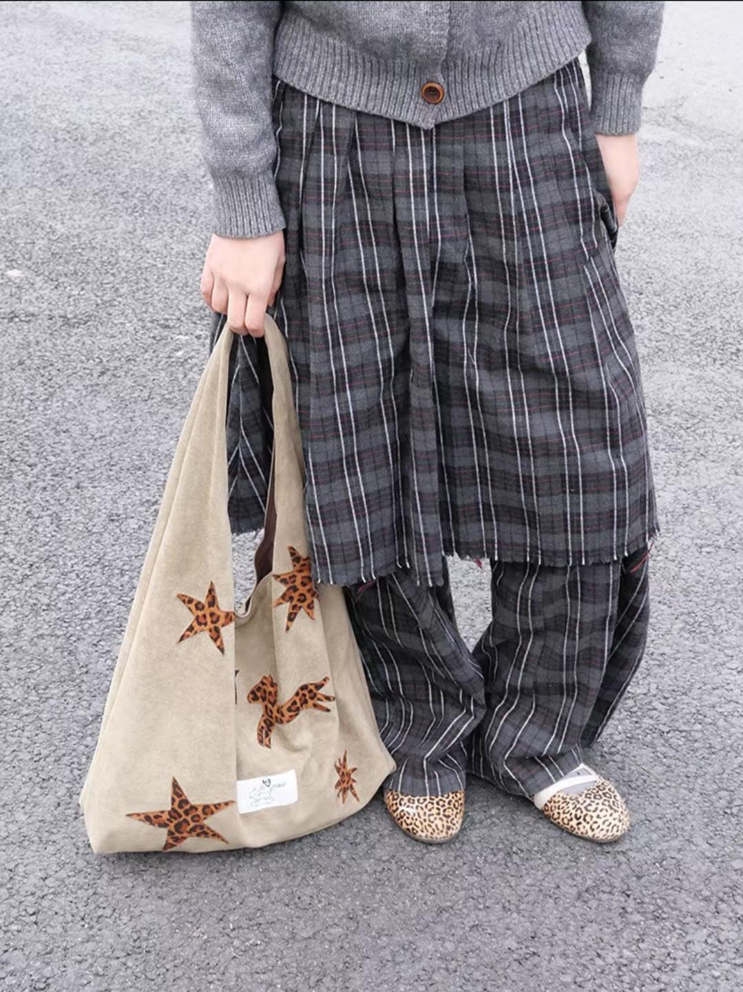 【037】Suede Hobo Bag - Leopard Star Pony Patchwork Shoulder Tote