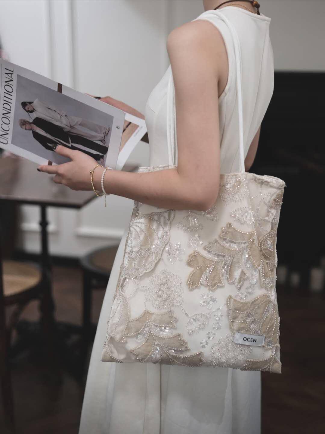 【039】Velvet Beaded Petal Tote Bag – Handmade Embroidered Shoulder Bag