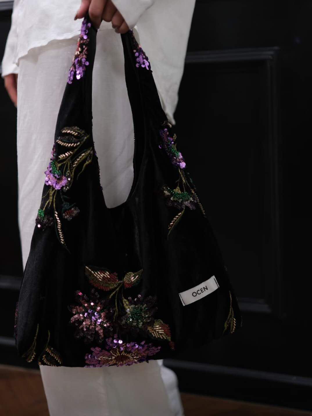 【009】Velvet Sequin Floral Hobo Bag – Oriental Inspired Shoulder Purse